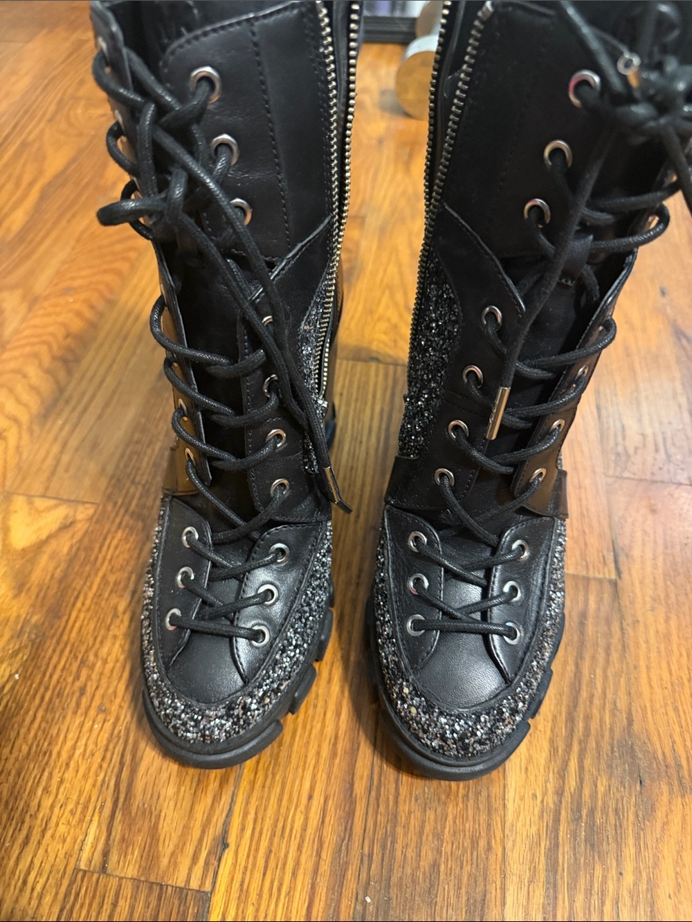 Michael Kors Black Glitter Lace-Up Combat Boots with Side Zipper - Picture 1 of 4